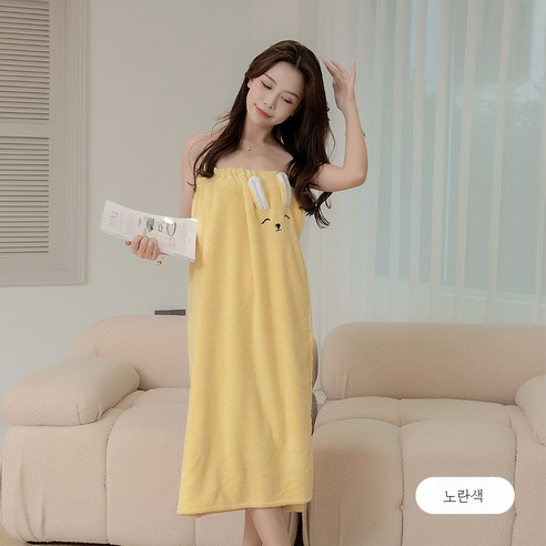 DFMEI 목욕타월 여자 착용가능 타월비 순면 흡수속건 코랄 드라이캡 투피스 가정용 목욕치마가 두껍다, DFMEI 노란토끼귀