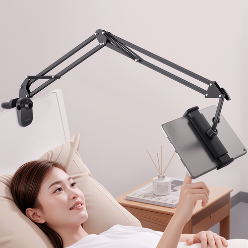 SOTCAR 침대 태블릿 핸드폰 거치대 집게형 자바라 (아이패드/갤럭시탭/아이폰 호환), 블랙, 1개