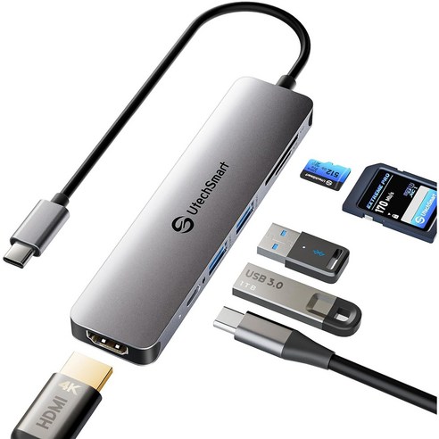 UtechSmart USB C 허브 4K@60HzUSB C-HDMI 어댑터 6-in-1 USB C 암호화 개 USB C 노트북 및 C 장치 호환, SpaceGrey, 1개