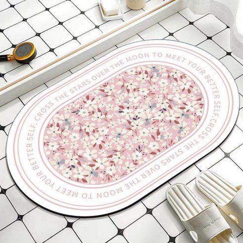 코스모999 고급형 플로랄 빨아쓰는 규조토 라운드 꽃 발매트, 핑크스윗