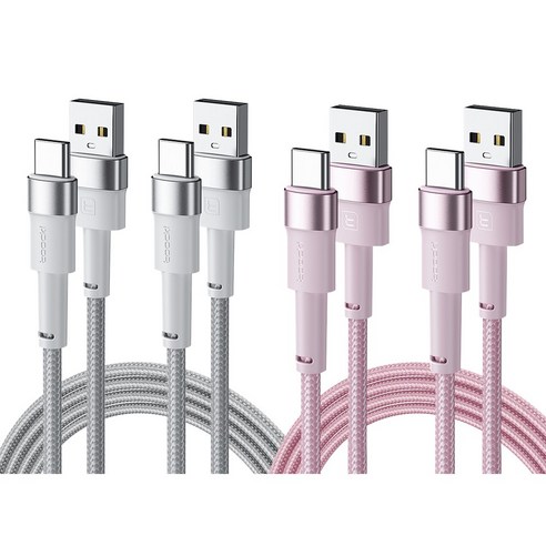 Toocki 마카롱 C타입 3A 고속충전 케이블, 2m, 화이트2+핑크 2, 4개
