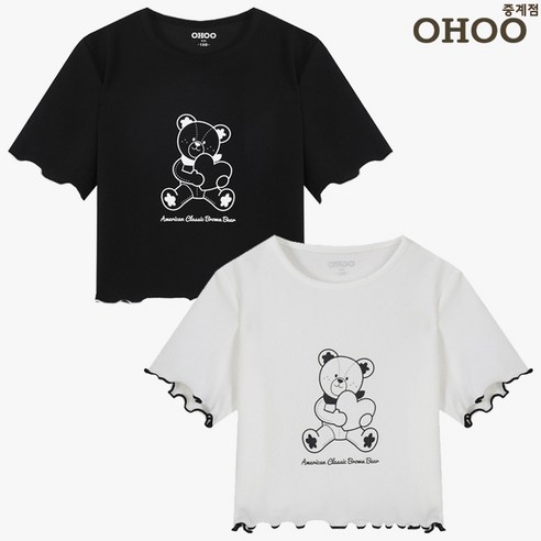 오후 중계점 *24년 SS신상 30%할인* 날라리 크롭 반팔티 (2Color) 곰돌이 캐릭터 밑단 물결 디자인 귀엽고 여성스러운 크롭기장 반팔 티셔츠 7~13세