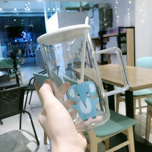 DFMEI 캐릭터 대용량 유리잔 뚜껑 스푼 남녀 아침 우유 시리얼 오피스 홈컵, DFMEI 아기 코끼리[도자기뚜껑스푼]