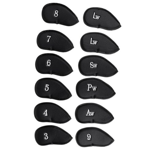12Pcs 골프 언 클럽 헤드 커버 세트 두꺼운 PU 가죽 Headcovers, 블랙