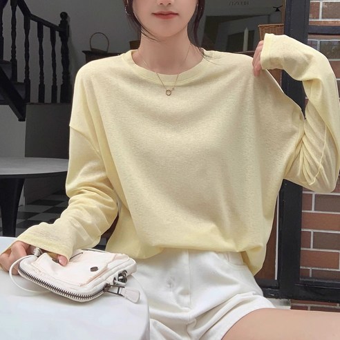여성 긴팔 여리 시스루 라운드 티셔츠