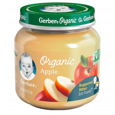 거버 퓨레 이유식 1단계 113g 6팩 애플 사과 Gerber Purees Organic 1st Foods Apple Baby Food Glass Jar 4 oz, 단일옵션, 113g, 6개