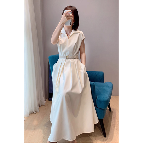 에버리씽 여성 카라넥 반팔 주름 빅사이즈 롱 원피스 Q421