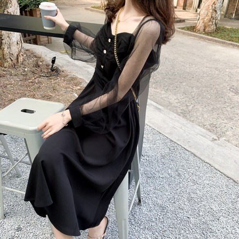 KORELAN 새로운 프랑스 햅번 스타일 스퀘어 넥 메쉬 스티칭 쉬폰 리틀 블랙 드레스 드레스 기질 롱 스커트 여성