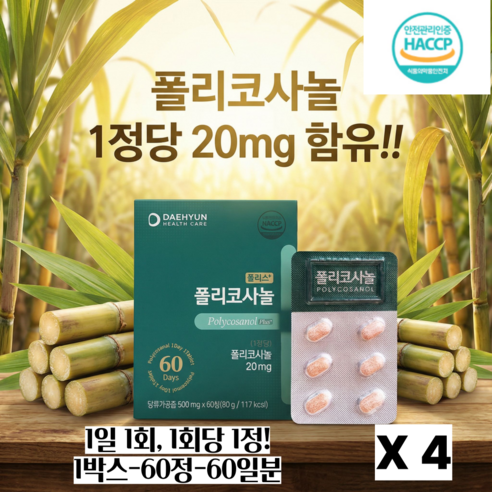 대현헬스케어 폴리코사놀 플러스 20mg 60정 영양보충 식품, 4개, 60정