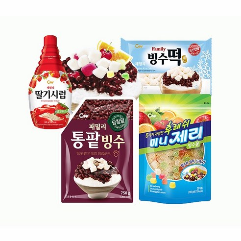 청우식품 청우 팥빙수재료 4종(팥+딸기시럽+빙수떡+빙수제리) 1세트, 750g