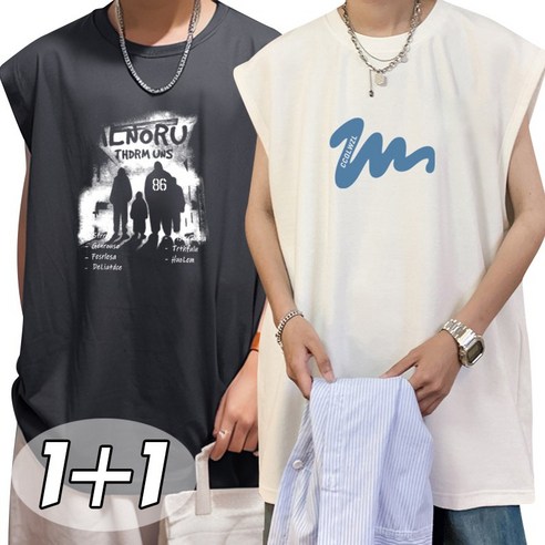 [1+1]별하늘 순면의 남성 냉감 여름 민소매 티셔츠 오버핏 라운드 프린트 나시