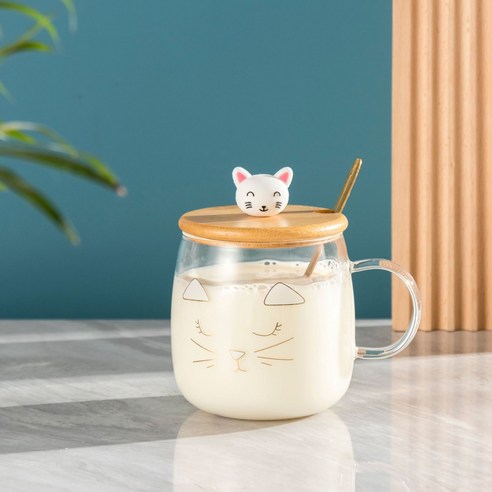 귀여운 고양이 빨대 유리컵 고안치 아침컵 유리 도매대 실리콘 뚜껑 물컵 인쇄 가능 로고, 귀여운 고양이 A형 [나무 덮개+도금 스푼], 400ml