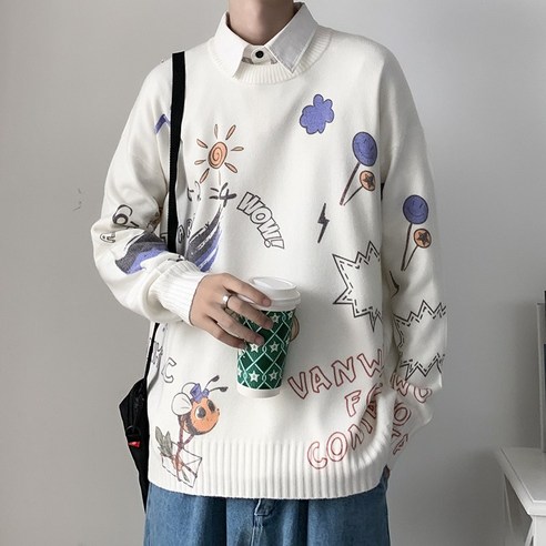 그래피티 프린트 스웨터 남성 한국 스타일 트렌드 느슨한 캐주얼 라운드 넥 스웨터