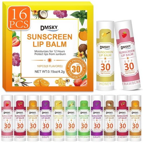DMSKY SPF 립밤 벌크 16팩 선크림 30 광대역 스펙트럼 UVA/UVB 보호 립 선블록 여행 사이즈, 1 Count (Pack of 16)