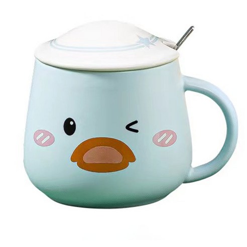YSHOULD머그컵 대용량 350ml 1개+ 뚜껑 + 숟가락, 푸른 색