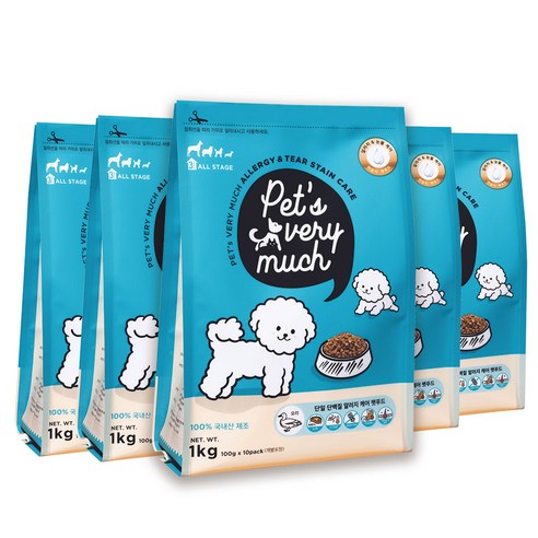 페츠베리머치 강아지사료 눈물사료 눈물자국 알러지 사료, 오리, 1kg, 5개