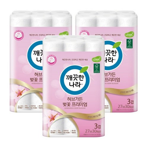 깨끗한나라 허브가든 벚꽃 프리미엄 천연펄프 3겹 롤화장지 27m, 30롤, 3팩 Best Top3 깨끗한나라 허브가든 벚꽃 프리미엄 천연펄프 3겹 롤화장지 27m, 30롤, 3팩 Best Top3