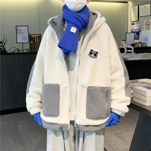 DFMEI 두꺼운 곰 양털 코트 남성 겨울 일본식 만화 스티칭 대비 컬러 유행 느슨한 캐주얼 따뜻한 코튼 패딩 코트