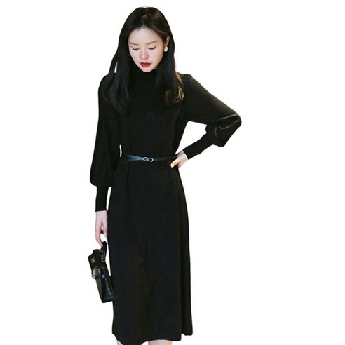 자이마이 여성 가을 니트 원피스 미디 퍼프소매 클래식