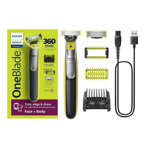 Philips Norelco OneBlade 360 페이스 + 바디 하이브리드 전기 면도기 및 수염 트리머 남성용 5-in-1 페이스 스터블 빗 및 바디 헤어 트리머 키트 Q, OneBlade 360 Face + Body_블랙/실버, 블랙/실버/라임 그린, 블랙/실버/라임 그린