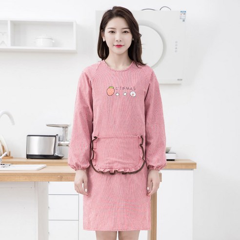 앞치마 주방의류 순면 긴팔 가정용 앞치마 주방 요리, 1 건, 순면 딸기 블라우스-레드
