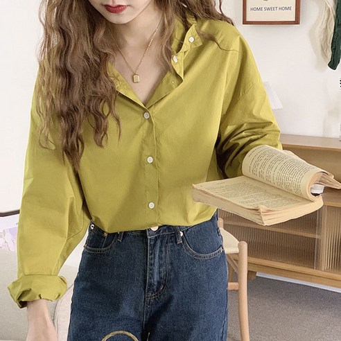 Hooozen 여성 넥카라 루즈핏 단색 캐주얼 긴팔 셔츠