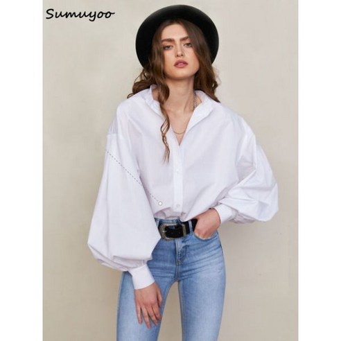 플리츠 롱 블라우스 반팔 Sumuyoo루즈핏 o넥 랜턴 슬리브 싱글 브레스트 탑 용 세련된 셔츠 봄 여름 면