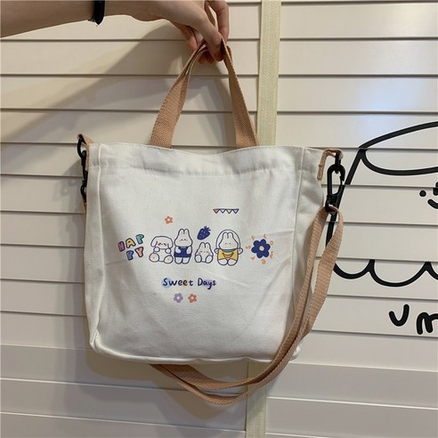 【핸드백】작은 흰색 토끼 여러/원래 만화 귀여운 학생 한국어 스타일 Crossbody 캔버스 가방 일본식 여성 캐주얼 휴대용 엄마 가방