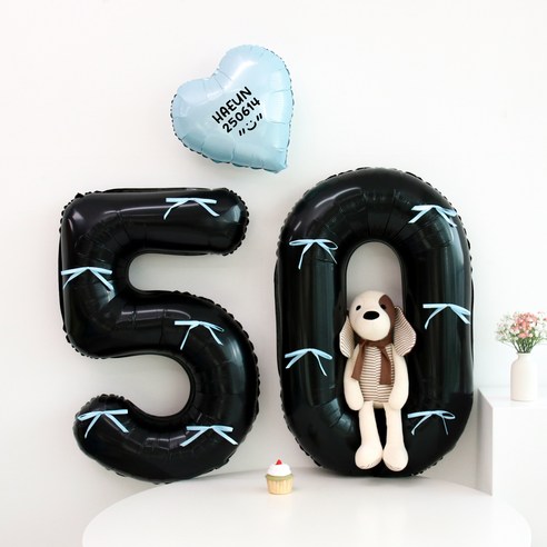 이벤트홀릭 50일 셀프 촬영 풍선 세트 (이름 레터링 포함 귀여운 글씨체), 1개, 6.리본 블랙블루 세트