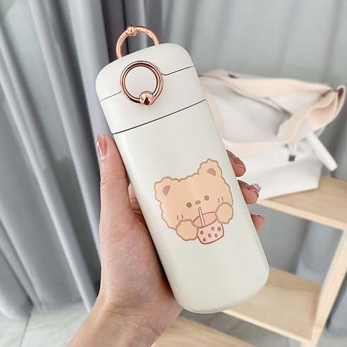 DFMEI 물컵여고비주얼텀블러시간보온귀여운빨대신상심플컵, 화이트 우유 차 곰 (단단한 덮개), 350ml 싱글 컵