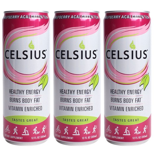 셀시우스 건강 에너지 드링크 라즈베리 아사이 그린 티, 355ml, 3개