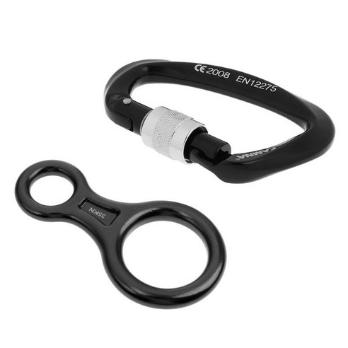 25KN D Screwgate 암벽 등반 카라비너 ​​클립 + 야외 라펠링 Abseil 35KN 그림 8 하강 장치, 블랙, 합금