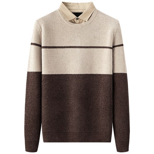 【DF】가짜 스웨터 남자 가을 겨울 따뜻한 두꺼운 셔츠 칼라 새로운 스트라이프 유행 느슨한 긴 소매 스웨터