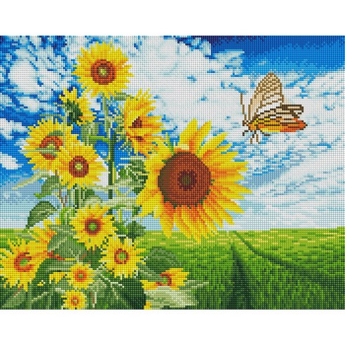 리빙듀오 DIY 명화 해바라기 비즈 큐빅 보석십자수세트 캔버스형 중형 50x40, 7.A-007 나비와 해바라기