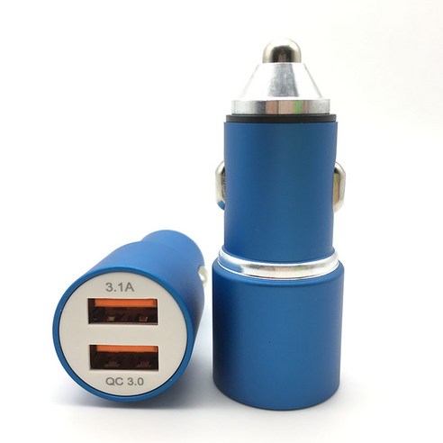 새로운 자동차 담배 라이터 금속 자동차 충전기 듀얼 USB 자동차 충전기 금속 망치 자동차 충전기 6A 고속 충전 자동차 충전기, QC3.0 블루(베어 메탈)