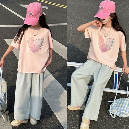 키즈목마 여름 여아 반팔 쿨소재 와이드 데님팬츠 세트 주니어 티셔츠 시원한 청바지 상하복 629