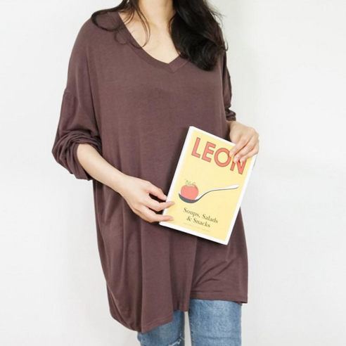 빅걸스토리 빅사이즈 여성 간절기 실키 레이온스판 브이넥 기본 루즈핏 티셔츠