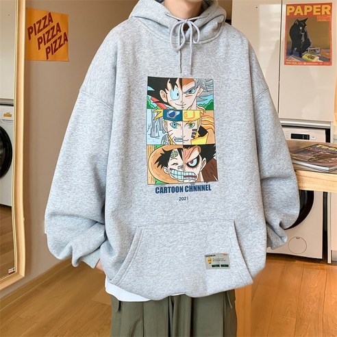 YANG 애니메이션 인쇄 후드 스웨터 남성 패션 브랜드 느슨한 트렌디 풀오버 탑 봄과 가을 모두 캐주얼 코트