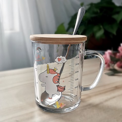 유리컵 빨대 우유 아침컵 귀엽다 만화 눈금 컵 덮개 숟가락 선물 글씨, 301-400ml, 400ml 유니콘+대나무 덮개+긴 스푼