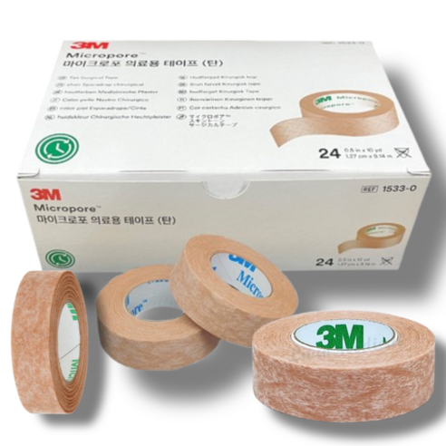 3M 의료용 종이 테이프 반창고 마이크로포 1533-0 살색 1/2인치 24롤, 1박스, 24개입