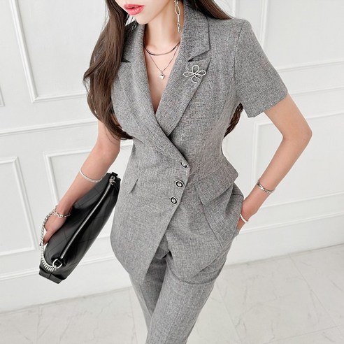 금찌 멜랑 사선 반팔자켓 슬랙스 세트 SET288 G