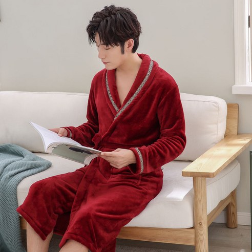DFMEI-Y 가을 겨울 커플 잠옷 여성 산호 양털 목욕 가운 긴 소매 잠옷 남성 짙은 플란넬 목욕 가운 홈 착용, DFMEI P07 와인 레드 리본 남성, {"패션의류/잡화 사이즈":"L"}