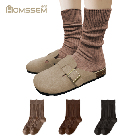홈샘 사계절 무압박 여성 장목 골지 양말 3켤레 세트 울양말