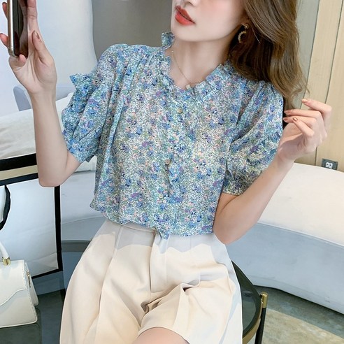 KORELAN 빈티지 브이넥 잔꽃 퍼프소매 반팔 쉬폰 블라우스 여름 얇은 디자인 셔츠 여단