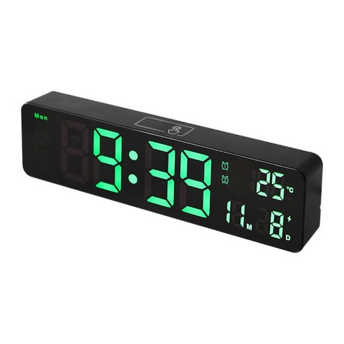 디지털 알람 시계 대형 LED 디스플레이 12/24 시간 표시 날짜 스누즈 및 온도 배터리 작동 침실용 침대 옆 시계, 초록불, 플라스틱