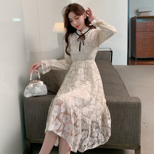 가을 겨울 신작 레이스 내부 드레스 여성 프랑스어 스타일 부드러운 우아한 요정 드레스 허리 슬리밍 드레스