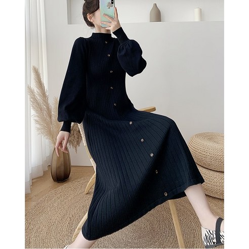 꽃소담 Winter Dress ZYZC13195 가을/겨울 세미 하이 칼라 니트 드레스 한국 슬림 카드 긴 랜턴 소매 바닥 스커트와 스웨터 스커트