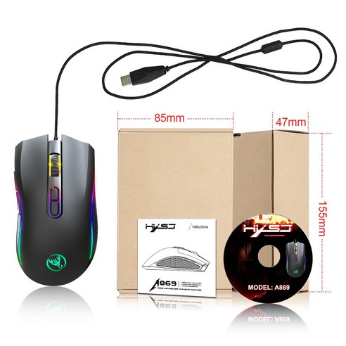 A869 HXSJ 칠색 발광 게이밍 마우스 e스포츠 유선 마우스 dpi 4단계 3200dpi 상향 조정, A869RGB 게이밍 마우스 7200dpI