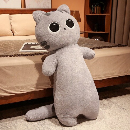 POMTOR 초롱초롱 고양이 롱쿠션 고양이 바디필로우 인형, 그레이