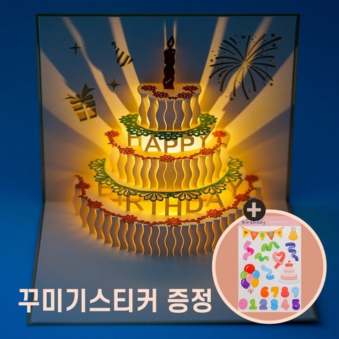 멜로디카드 3D입체카드, 생일 멜로디 LED 카드+꾸미기 스티커포함, 생일 꾸미기 스티커 포함, 크리스마스 트리 홀로그램
